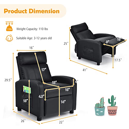 Image of Costzon Kids Recliner, Adjustable PU Leather Lounge Chair with Side Pockets, Footrest, Headrest for Kids Aged 3-12, Black