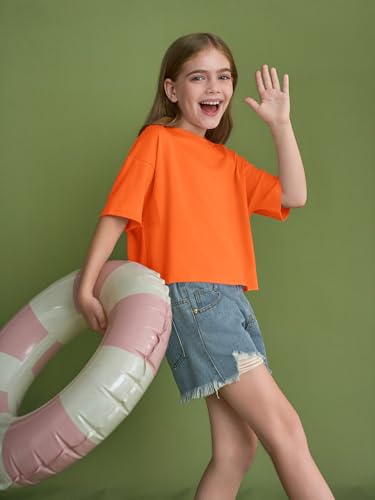 Image of Girls Athletic Oversized Crop Tops Kids Drop Shoulder Short Sleeve T Shirts Workout Tees 5-14 Years