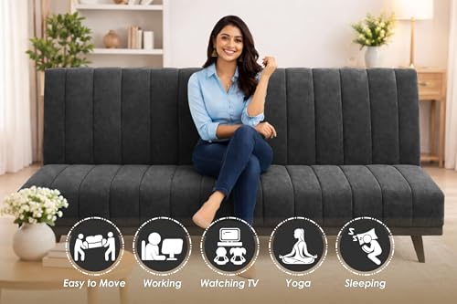 Image of Rosebell- Velvet Fabric Sofa Cum Bed 3-Seater Foldable Convertible Sofa, Modern Tufted Design Couch for Living Room, Guest Room & Office Black Color