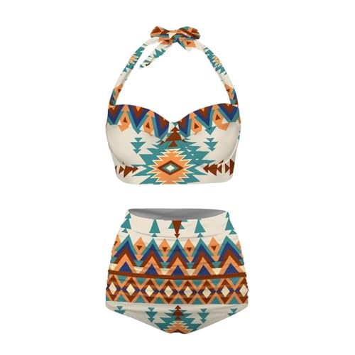 TOADDITDO Abstract Geometric Aztec Print Women's Halter Bikinis Lace Up Swimsuit Set Two Piece Bathing Suit Swimwear