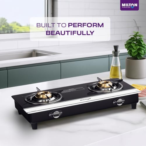 Image of Milton Ignis Pro 2 Burners Auto Ignition Gas Stove | ISI Certified | 6mm Toughened Glass Top | 360 Degree Nozzle | Heavy Duty Pan Support | Brass Burners | 1Y Manufacturer's Warranty -Black & White