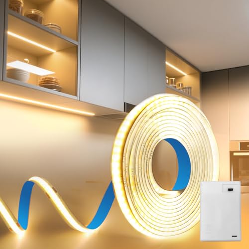 BRIMETI LED Streifen Batterie 1M LED Strip COB Warmweiss 3000K Batteriebetrieben 320LEDs/M 5V Selbstklebend Flexibel Lichtband DIY für Zuhause Beleuchtung Küche Schlafzimmer Schränke Treppen