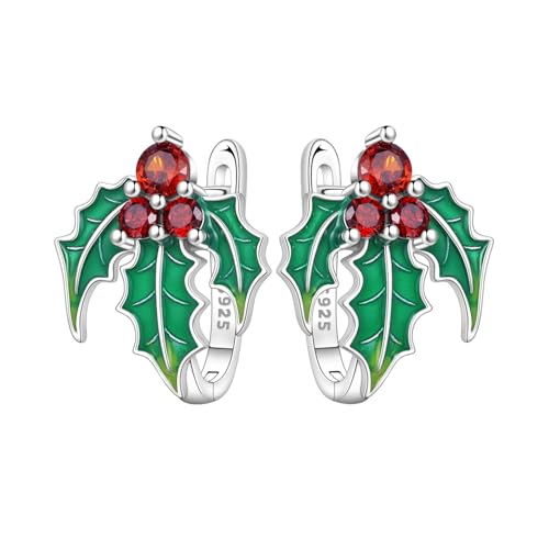Cycuff 925er Sterlingsilber-Creolen Bunte Zirkonia-Schmuckohrringe für Damen Set Ohrringe Geschenke für Sie (Weihnachts-Stechpalmen-Ohrringe)