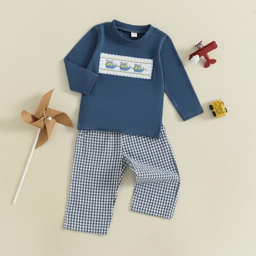 Toddler Baby Boy Fall Outfit Airplane/Boat Smocked Long Sleeve T-Shirt Tops Plaid Pants Set Pilot Planet Clothes3