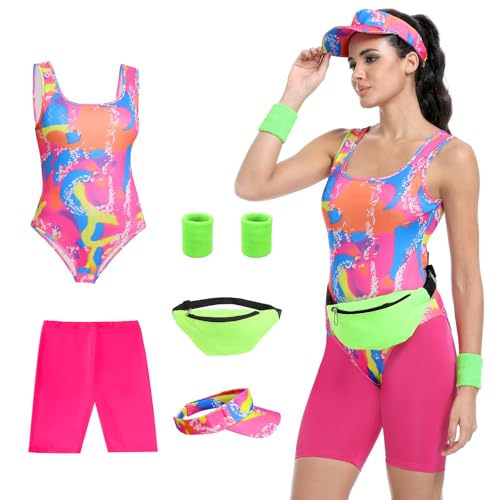 80s Women’s Workout Costume,Adult 80s Outfit, Swimwear Suit for Halloween Cosplay, Couples Costume Set (XS) Pink