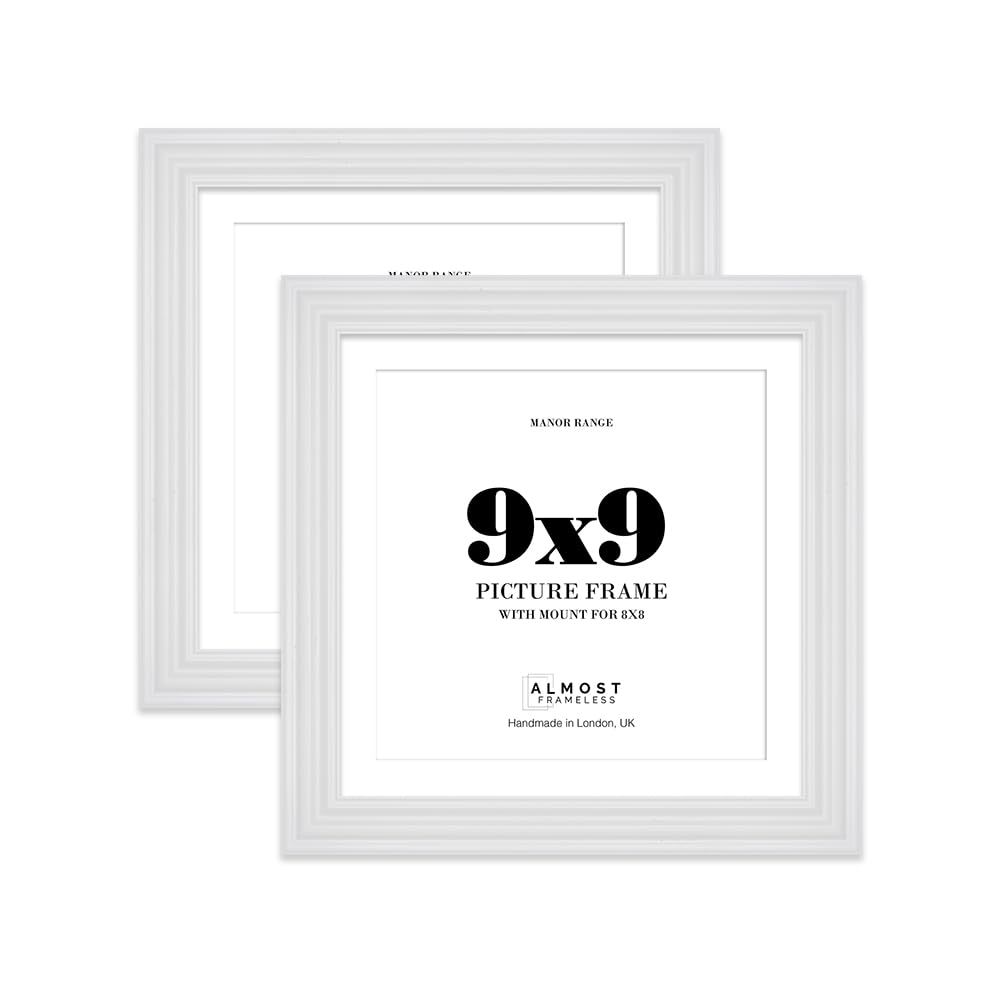 9x9" White Picture Frame - 9x9" Square Frame with 8x8" Mount for 9x9"/8x8" Pictures Classic Style Decorative Wall Display Frame, 2 Pack