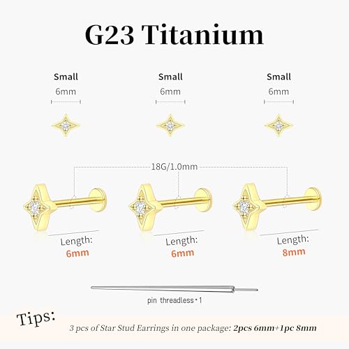 Flat Back Stud Cartilage Tragus Helix Nose Piercing Earrings Jewelry For Women Conch Threadless 18G Titanium Surgical Steel Hypoallergenic Gold CZ Silver 14K Small Tiny Studs2