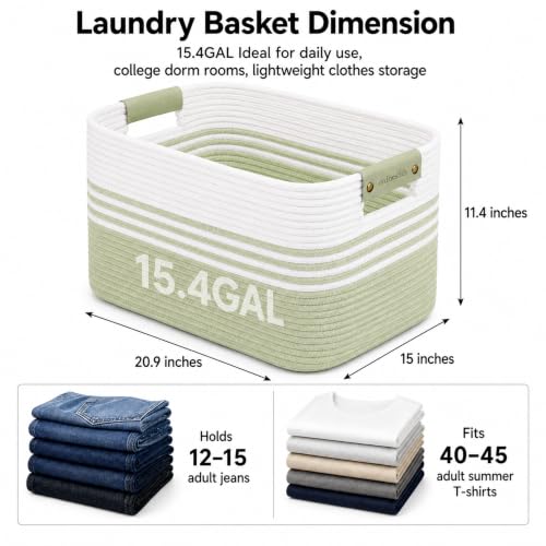 Image of 15.4GAL Woven Laundry Basket for Kids, Cute Boho Square storage basket for Living Room Decor, Baby Girls Boys Toys Stuffed Animal Decorative Short Hamper for Dirty Clothes, Bath Towel White Green