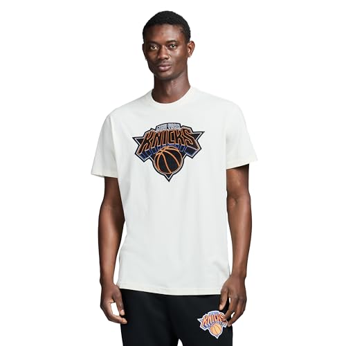 Game 7 x NBA Officially Licensed Men's Short Sleeve Oversized Heavyweight Crew Neck Cotton Patch T-Shirt, New York Knicks, XL, Off-White
