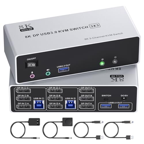 TBDISYYDS 8K@60Hz Displayport KVM Switch 3 Monitors 2 Computers, 4K@120Hz Triple Monitor KVM Switch for 2 Computers Sharing 3 Monitors, Keyboard, Mouse,with 2 USB3.0 Cables,Controller, Power Adapter