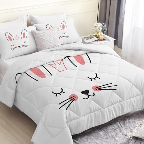FamHarbor Lindo conejo edredón individual de 7,5 tog, juego de edredón reversible sin funda de animales de dibujos animados, suave y cómodo para todas las estaciones (135 x 200 cm) con 2 fundas de
