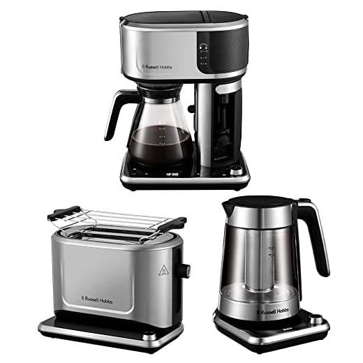Russell Hobbs Tostadora Attentiv 2 Ranuras Cortas, Táctil, Acero Inoxidable 26210-56 + Hervidor de Agua Eléctrico Attentiv 1,7 litros + Cafetera de Goteo Attentiv, Vaporizador Leche 26230-56