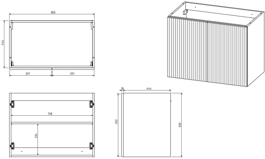 Technical drawing with dimensions of the ZILGA vanity unit