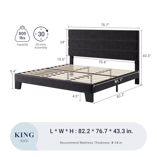 image for Allewie King Size Platform Bed Frame with Velvet Upholstered Headboard
