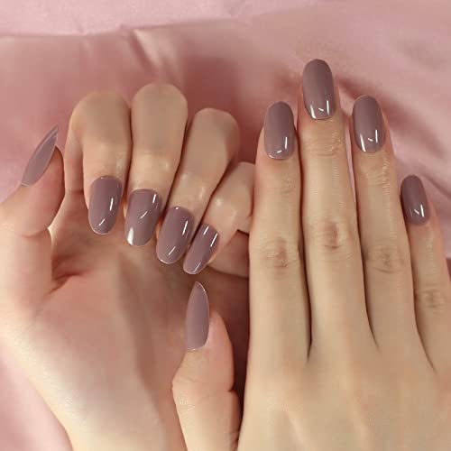 Medium Length Glossy Oval Fake Nails Light Purple Grey Press On False Nails Candy Nail Tips For Daily Office Finger Wear #TOP1