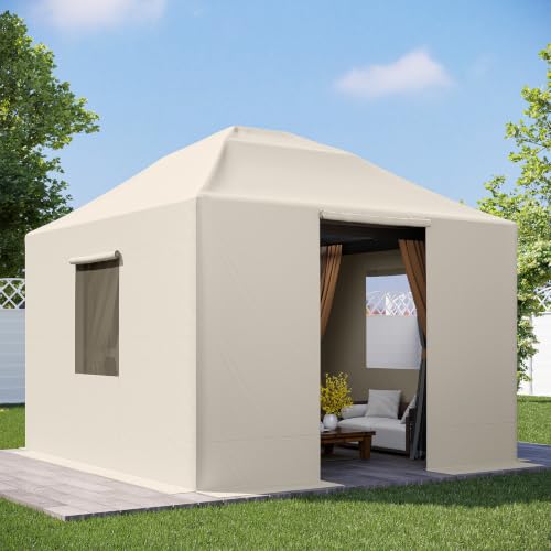 Aoxun 10x12 Hardtop Gazebo Winter Cover Waterproof All Season Outdoor Enclosed Canopy Cover with Extension Bottom Edge & Mesh Windows Universal Protective Shelter Cover Cream(Gazebo not Included)
