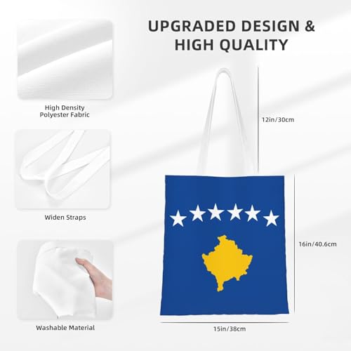 Flag Of Kosovo Print Polyester Canvas Tote Bag, Shopping Bag With Reinforced Handles, Reusable4