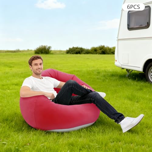 Image of 6 Pcs Inflatable Bean Bag Chairs with Foot Air Pump Outdoor Blow up Couch Folding Portable Inflatable Couch for Camping Movie Night, Lazy Sofa Chair (Red X 6)