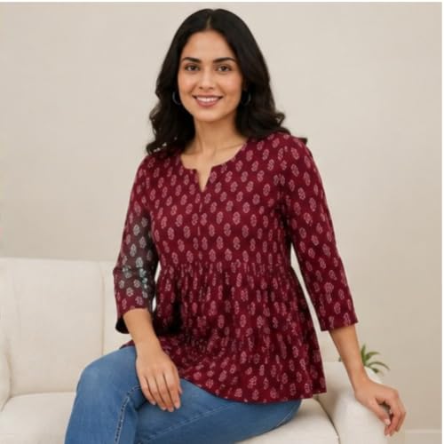 Image of Women's Printed V-Neck Short Kurti | Casual Long Sleeve Tunic Top