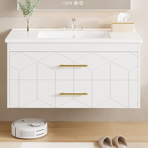 Garvee 36" Bathroom Vanity with Sink, Floating Bathroom Vanity with Ceramic Basin, 2 Large Storage Drawers with Gold Metal Handle, Modern Wall Mounted