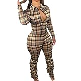 Cercur Women Women Sexy Jumpsuit Plaid Long Sleeves V Neck Grid Bodysuits Lady Fashion Playsuits