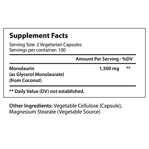 Monolaurin Supplement 1500Mg 200 Vegetarian Capsules | Extra Strength Pure Glycerol And Lauric Acid From Raw Coconut | Immune System And Natural Digestion Support | Non-Gmo Gluten Free Powder Pill #TOP1