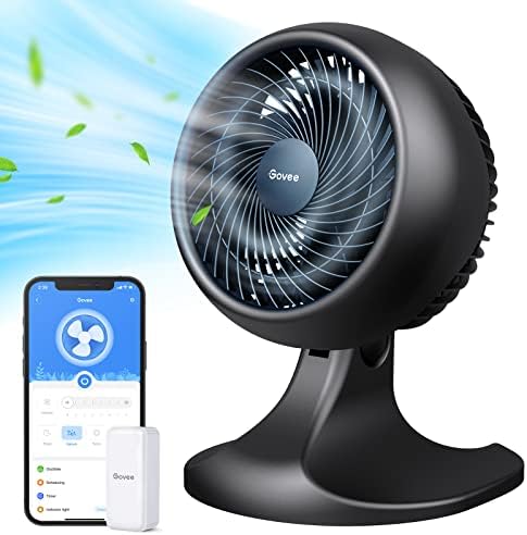 Govee Smart Air Circulator Oscillation Fan , 9" Small Desk Fan for Bedroom with Hygrometer Thermometer H5100, 8 Speed Settings, Timer, Auto Mode, Portable Turbo Force Table Fan for Room Home Office