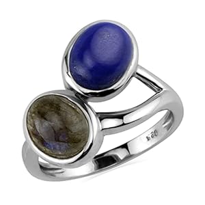 Silvershake Natural Blue Lapis Lazuli and Labradorite 9X7mm 925 Sterling Silver Casual Contemporary Cabochon Ring Size 9