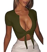 BORIFLORS Women's Sexy Tie Up Crop Top Short Sleeve Deep V Neck Casual Basic T Shirt
