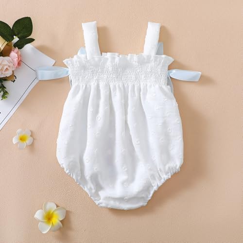 Honganda Newborn Baby Girl Summer Outfit Bow Ruffle Decor Smocked Bubble Romper Infant Baby Shower Gifts3