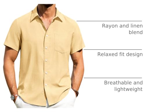 Image of Alimens & Gentle Mens Linen Shirts Short Sleeve Button Down Shirts Wrinkle Free Casual Vacation Beach Summer Tops