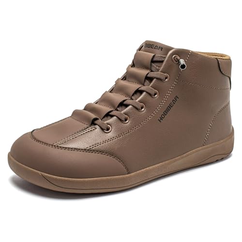 HOBIBEAR Leather Barefoot Boots Zero-Drop Wide Width Minimalist Shoes Unisex Mid Top Walking Boots(Khaki Women 8,Men 7)