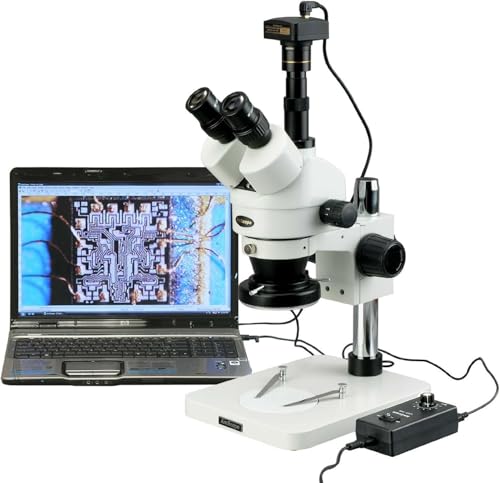 Image of AmScope SM-1TSZ-144-10M Digital Professional Trinocular Stereo Zoom Microscope, WH10x Eyepieces, 3.5X-90X Magnification, 0.7X-4.5X Zoom Objective, 144-Bulb LED Ring Light, Pillar Stand, Includes 0.5X and 2.0X Barlow Lenses and 10MP Camera with Reduction Lens and Software