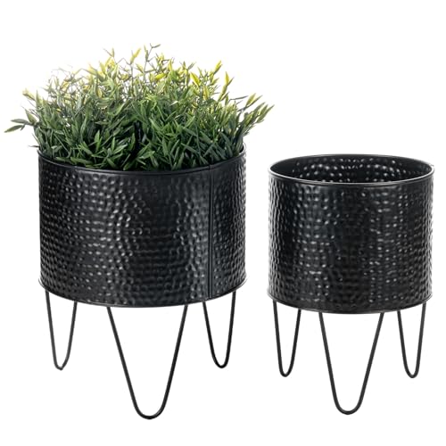 MyGift 8 and 10 Inch Modern Matte Black Metal Planter