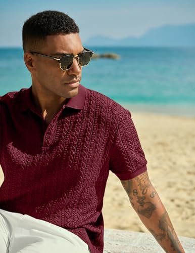 Image of JMIERR Men's Cable Knit Polo Shirts Elasticity Short Sleeve | Men's cable knit polo shirt with elasticity, machine wash, short sleeve, breathable textured knit for spring summer