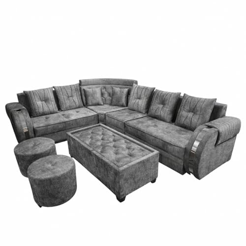 Image of APRODZ Solid Wood 6 Seater Sofa Set Velvet Fabric Sectional L Shaped Sofa with Center Table & Ottomans Corner Sofa for Home Office Guests Living Room Cushioned Seating for Home & Lounge Use (Grey)