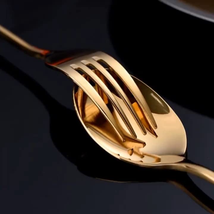 Image of aDai Combo Set of 40 Premium Gold Cutlery - Stainless Steel Luxury Dinnerware Tableware - Round Edge Serving Spoon Fork Knife - Reusable Mirror Finish for Home Kitchen Dining Table and Gift