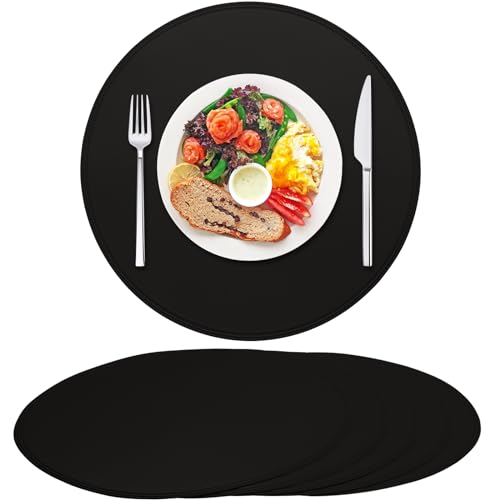 Rinpon Round Vinyl Placemats Set of 6, Faux Leather Waterproof Wipeable Heat Resistant Place Mats, Washable Oil-Proof, Non-Slip Thick Placemats, Circle Kitchen Dining Table Mats(Black)