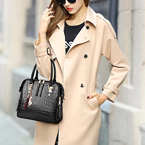 Bolsa Feminina de Mão Estampa de Crocodilo Bolsa de Luxo Estilosa Couro Pu (Preto)