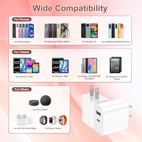Image of Aolcev for iPhone Charger Fast Charging 2 in 1 USB A USB C Charger Block 30W Cute Type C Fast Charging Blocks for iPhone 17 16 15 14 13 for iPad USB C Charging Adapter for Galaxy S26 S25 S24 White