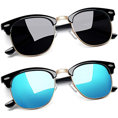 Joopin Polarized Semi Rimless Sunglasses Brownline Shades for Men Women Retro Classic Brand Sun Glasses UV Protection (Black + Mirrored Blue)