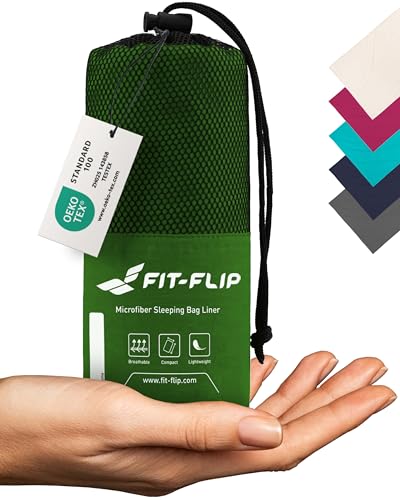 Fit-Flip Hüttenschlafsack Ultraleicht Mikrofaser Schlafsack Inlay mit extra Kissenfach Inlett Schlafsack seidig weich Reiseschlafsack als auch Innenschlafsack Moosgrün