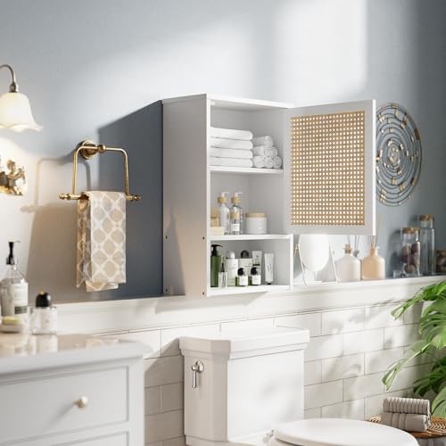 Botiquín de baño para pared, organizador de almacenamiento sobre el inodoro de bambú con puertas de ratán y estante ajustable, gabinete de medicinas ahorrador de espacio para lavandería, cocina y sala de estar (blanco) miniatura 4