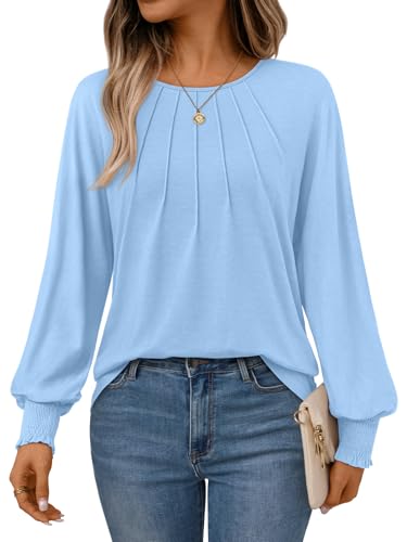 AUTOMET Womens Fall Fashion Long Sleeve Shirts Dressy Casual Pleated Basic Trendy Tops Winter Clothes 2025 Light Blue 2XL