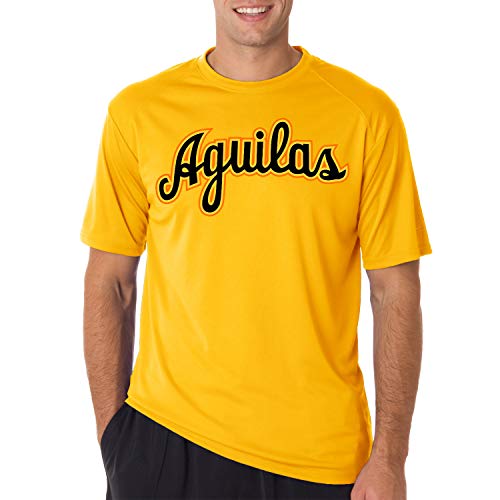 Peligro Sports Aguilas Cibaenas - Yellow T-Shirts with Logo of Cursive Letters (Medium)