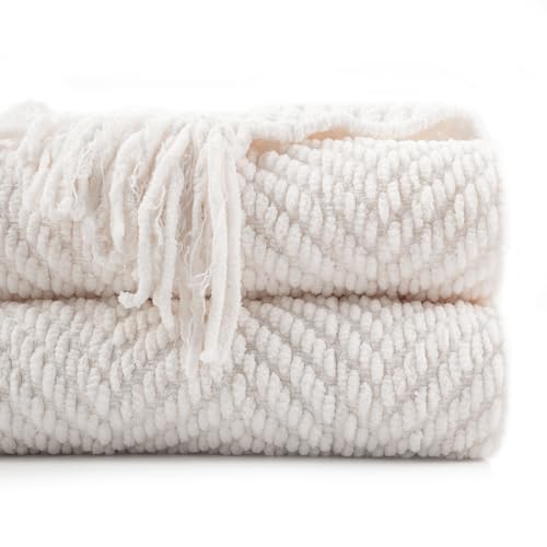 BATTILO HOME Cream Throw Blanket for Couch, Textured Knitted Throw
