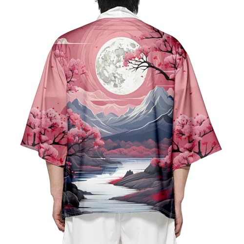 Image of DOSLAVIDA Men's Japanese Kimono Jacket Set Stylish Open Front Coat With Shorts Chinese Style Printed Cardigan Suit