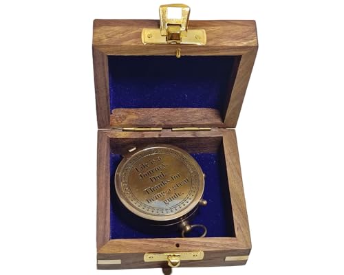 Brújula de bolsillo plana antigua de 2 pulgadas de diseño hermoso de latón con caja de madera miniatura 2