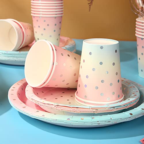 Boocikey 200Pcs Pastel Party Decorations,Sliver Dot Disposable Paper Party Plates Set-Rainbow Paper Plates,Cups,Napkins For Birthday Baby Shower Wedding Rainbow Party #TOP6