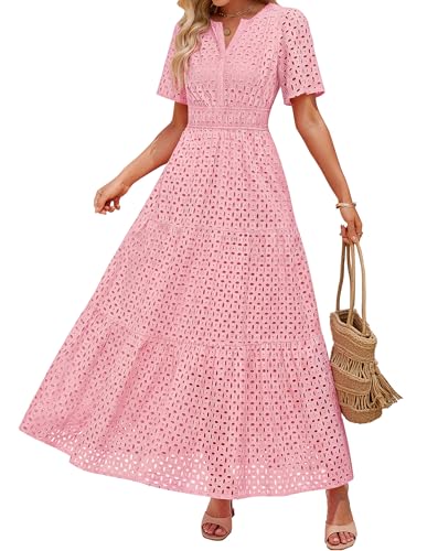 Image of ZESICA Women's 2026 Summer Short Sleeve Maxi Dress Casual V Neck Hollow Out Eyelet Ruffle Swing A Line Long Dresses